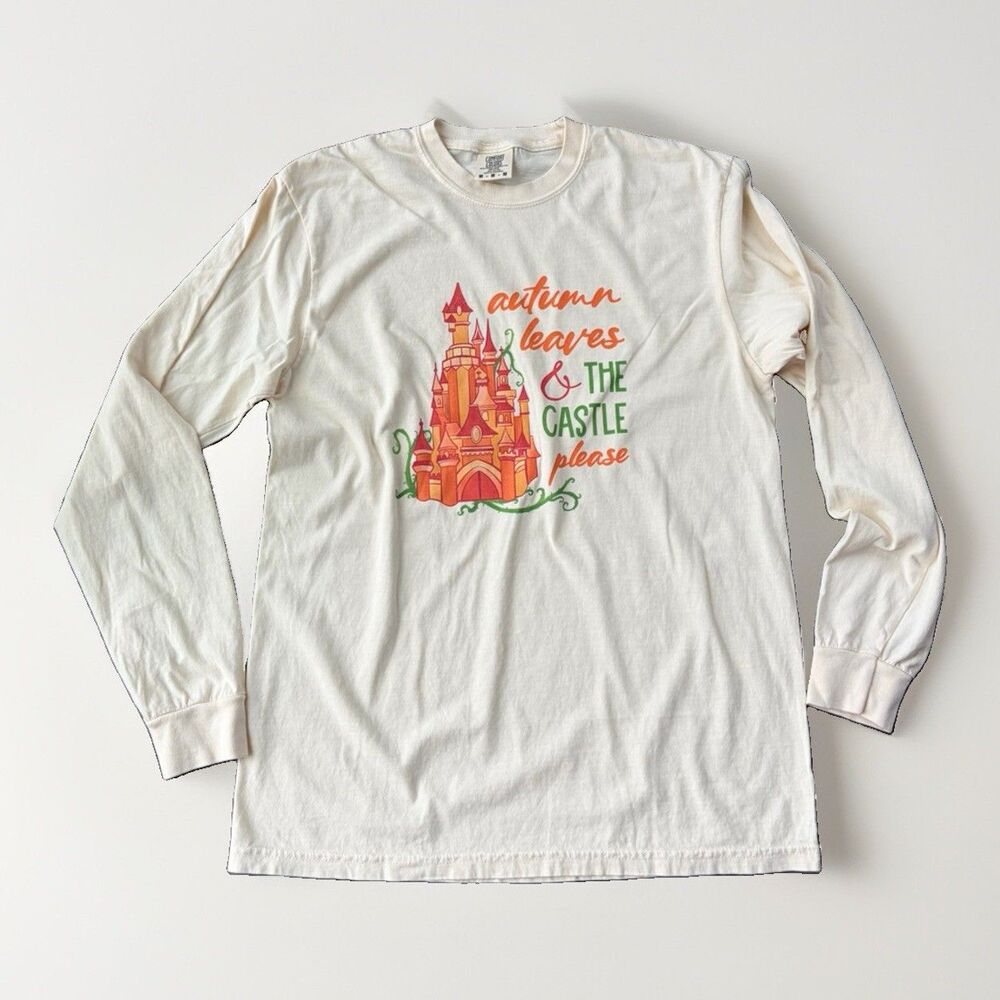 Comfort Colors Fall Shirt M Ivory Long Sleeve Autumn Leaves Castle